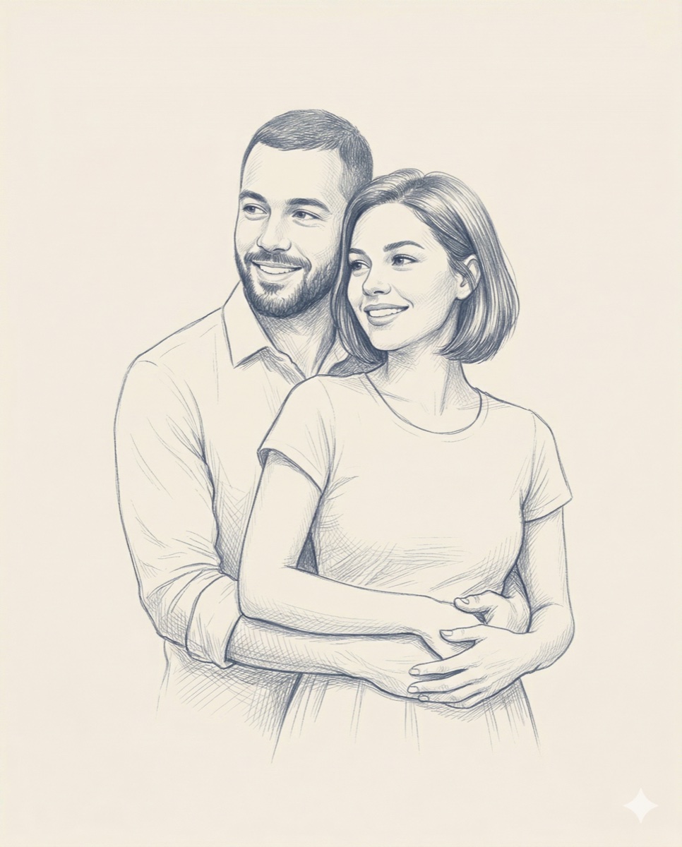 Bleistiftzeichnung: Die Umarmung von hinten